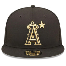 Load image into Gallery viewer, Los Angeles Anaheim Angels New Era MLB 9FIFTY 950 Mesh Trucker Snapback Cap Hat Black Crown/Visor Metallic Gold Logo with Star 2022 All-Star Game Side Patch (2022 All-Star Game On-Field)
