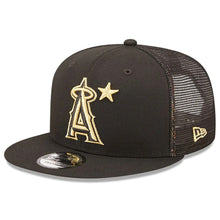 Load image into Gallery viewer, Los Angeles Anaheim Angels New Era MLB 9FIFTY 950 Mesh Trucker Snapback Cap Hat Black Crown/Visor Metallic Gold Logo with Star 2022 All-Star Game Side Patch (2022 All-Star Game On-Field)
