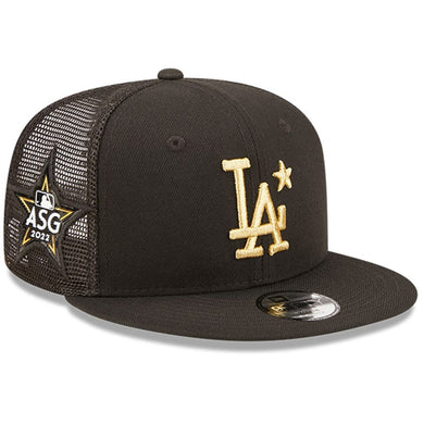 Los Angeles Dodgers New Era MLB 9FIFTY 950 Mesh Trucker Snapback Cap Hat Black Crown/Visor Metallic Gold Logo with Star 2022 All-Star Game Side Patch (2022 All-Star Game On-Field)
