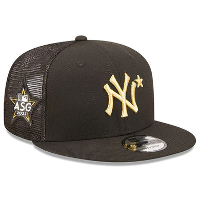 New York Yankees New Era MLB 9FIFTY 950 Mesh Trucker Snapback Cap Hat Black Crown/Visor Metallic Gold Logo with Star 2022 All-Star Game Side Patch (2022 All-Star Game On-Field)