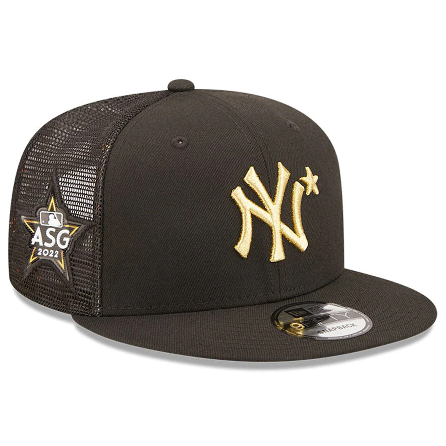 New York Yankees New Era MLB 9FIFTY 950 Mesh Trucker Snapback Cap Hat Black Crown/Visor Metallic Gold Logo with Star 2022 All-Star Game Side Patch (2022 All-Star Game On-Field)