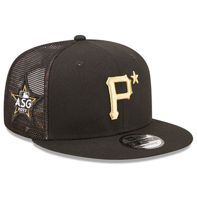 Pittsburgh Pirates New Era MLB 9FIFTY 950 Mesh Trucker Snapback Cap Hat Black Crown/Visor Metallic Gold Logo with Star 2022 All-Star Game Side Patch (2022 All-Star Game On-Field)
