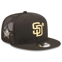 Load image into Gallery viewer, San Diego Padres New Era MLB 9FIFTY 950 Mesh Trucker Snapback Cap Hat Black Crown/Visor Metallic Gold Logo with Star 2022 All-Star Game Side Patch (2022 All-Star Game On-Field)
