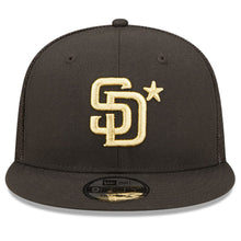 Load image into Gallery viewer, San Diego Padres New Era MLB 9FIFTY 950 Mesh Trucker Snapback Cap Hat Black Crown/Visor Metallic Gold Logo with Star 2022 All-Star Game Side Patch (2022 All-Star Game On-Field)
