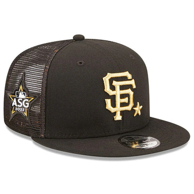 San Francisco Giants New Era 9FIFTY 950 Mesh Trucker Snapback Cap Hat Black Crown/Visor Metallic Gold Logo with Star 2022 All-Star Game Side Patch (2022 All-Star Game On-Field)