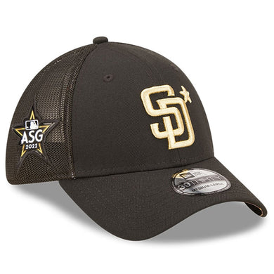San Diego Padres New Era MLB 39THIRTY 3930 Mesh Trucker Flexfit Cap Hat Black Crown/Visor Metallic Gold Logo with Star 2022 All-Star Game Side Patch (2022 All-Star Game)
