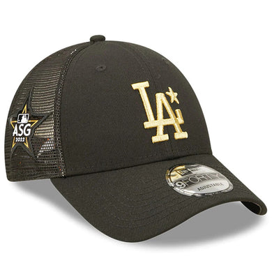 Los Angeles Dodgers New Era MLB 9FORTY 940 Mesh Trucker Adjustable Cap Hat Black Crown/Visor Metallic Gold Logo with Star 2022 All-Star Game Side Patch (2022 All-Star Game)