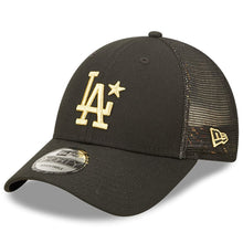 Load image into Gallery viewer, Los Angeles Dodgers New Era MLB 9FORTY 940 Mesh Trucker Adjustable Cap Hat Black Crown/Visor Metallic Gold Logo with Star 2022 All-Star Game Side Patch (2022 All-Star Game)
