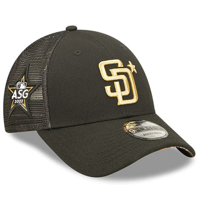 San Diego Padres New Era MLB 9FORTY 940 Mesh Trucker Adjustable Cap Hat Black Crown/Visor Metallic Gold Logo with Star 2022 All-Star Game Side Patch (2022 All-Star Game)