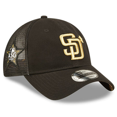 San Diego Padres New Era MLB 9TWENTY 920 Mesh Trucker Adjustable Cap Hat Black Crown/Visor Metallic Gold Logo with Star 2022 All-Star Game Side Patch (2022 All-Star Game)
