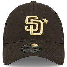 Load image into Gallery viewer, San Diego Padres New Era MLB 9TWENTY 920 Mesh Trucker Adjustable Cap Hat Black Crown/Visor Metallic Gold Logo with Star 2022 All-Star Game Side Patch (2022 All-Star Game)
