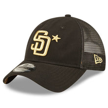 Load image into Gallery viewer, San Diego Padres New Era MLB 9TWENTY 920 Mesh Trucker Adjustable Cap Hat Black Crown/Visor Metallic Gold Logo with Star 2022 All-Star Game Side Patch (2022 All-Star Game)
