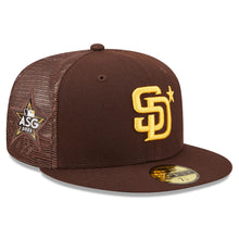 Load image into Gallery viewer, San Diego Padres New Era MLB 59FIFTY 5950 Mesh Trucker Fitted Cap Hat Brown Crown/Visor Team Color Logo with Star 2022 All-Star Game Side Patch (2022 All-Star Game Workout)
