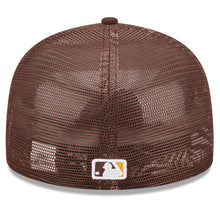 Load image into Gallery viewer, San Diego Padres New Era MLB 59FIFTY 5950 Mesh Trucker Fitted Cap Hat Brown Crown/Visor Team Color Logo with Star 2022 All-Star Game Side Patch (2022 All-Star Game Workout)
