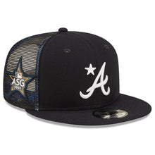 Load image into Gallery viewer, Atlanta Braves New Era MLB 9FIFTY 950Mesh Trucker Snapback Cap Hat Navy Crown/Visor Team Logo with Star 2022 All-Star Game Side Patch (2022 All-Star Game Workout)
