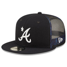 Load image into Gallery viewer, Atlanta Braves New Era MLB 9FIFTY 950Mesh Trucker Snapback Cap Hat Navy Crown/Visor Team Logo with Star 2022 All-Star Game Side Patch (2022 All-Star Game Workout)
