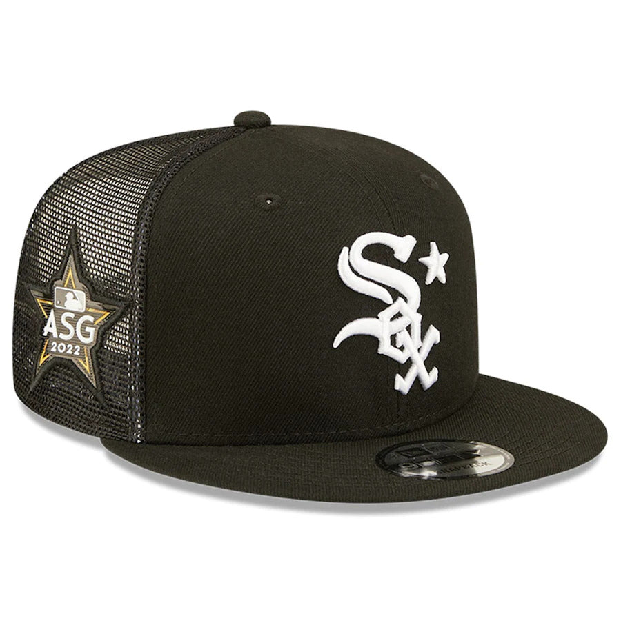 Chicago White Sox New Era MLB 9FIFTY 950 Mesh Trucker Snapback Cap Hat Black Crown/Visor Team Color Logo with Star 2022 All-Star Game Side Patch (2022 All-Star Game)