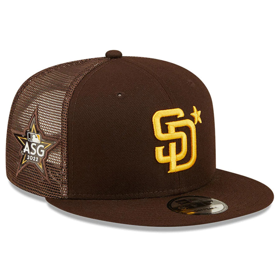 San Diego Padres New Era MLB 9FIFTY 950 Mesh Trucker Snapback Cap Hat Brown Crown/Visor Team Color Logo with Star 2022 All-Star Game Side Patch (2022 All-Star Game)