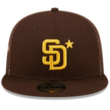 Load image into Gallery viewer, San Diego Padres New Era MLB 9FIFTY 950 Mesh Trucker Snapback Cap Hat Brown Crown/Visor Team Color Logo with Star 2022 All-Star Game Side Patch (2022 All-Star Game)
