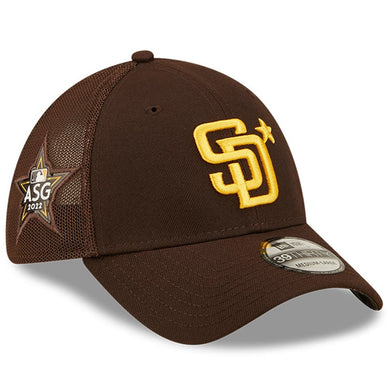 San Diego Padres New Era MLB 39THIRTY 3930 Flexfit Mesh Trucker Cap Hat Brown Crown/Visor Team Color Logo with Star 2022 All-Star Game Side Patch (2022 All-Star Game)