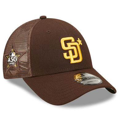 San Diego Padres New Era MLB 9FORTY 940 Mesh Trucker Adjustable Cap Hat Brown Crown/Visor Team Color Logo with Star 2022 All-Star Game Side Patch (2022 All-Star Game)