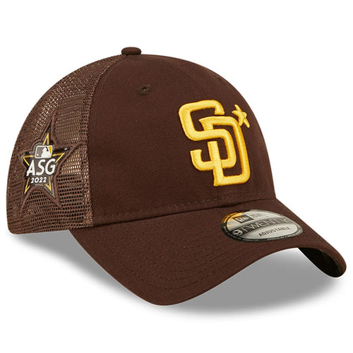 San Diego Padres New Era MLB 9TWENTY 920 Mesh Trucker Adjustable Cap Hat Brown Crown/Visor Team Color Logo with Star 2022 All-Star Game Side Patch (2022 All-Star Game)