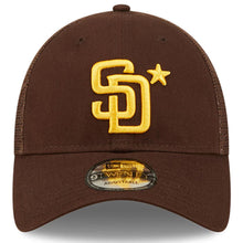 Load image into Gallery viewer, San Diego Padres New Era MLB 9TWENTY 920 Mesh Trucker Adjustable Cap Hat Brown Crown/Visor Team Color Logo with Star 2022 All-Star Game Side Patch (2022 All-Star Game)
