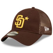 Load image into Gallery viewer, San Diego Padres New Era MLB 9TWENTY 920 Mesh Trucker Adjustable Cap Hat Brown Crown/Visor Team Color Logo with Star 2022 All-Star Game Side Patch (2022 All-Star Game)
