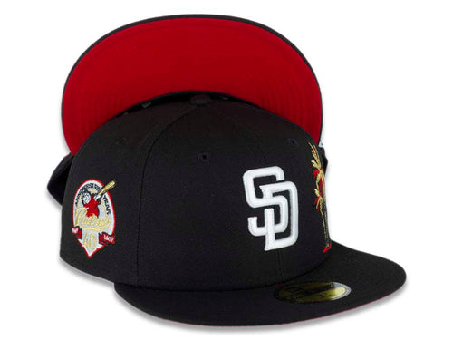 San Diego Padres New Era MLB 59FIFTY 5950 Fitted Cap Hat Black Crown/Visor White Logo With Metallic Gold/Red Palm Trees Heart Back Logo 40th Anniversary Side Patch Red UV