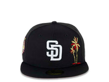 Load image into Gallery viewer, San Diego Padres New Era MLB 59FIFTY 5950 Fitted Cap Hat Black Crown/Visor White Logo With Metallic Gold/Red Palm Trees Heart Back Logo 40th Anniversary Side Patch Red UV
