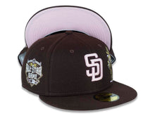 Load image into Gallery viewer, San Diego Padres New Era MLB 59FIFTY 5950 Fitted Cap Hat Brown Crown/Visor Pink Logo With Metallic Gold/Pink Palm Trees 2016 All-Star Game Side Patch Pink UV
