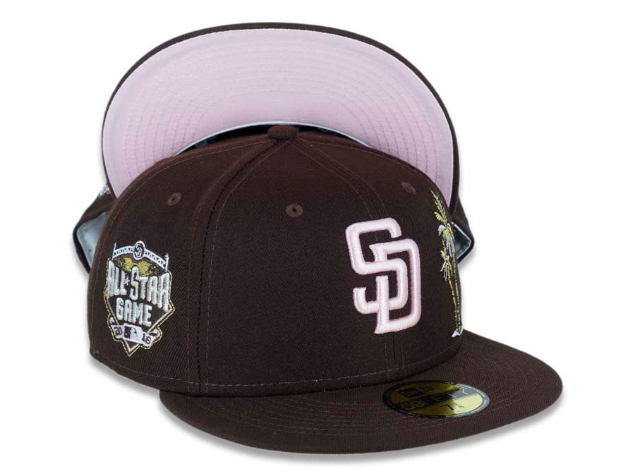 San Diego Padres New Era MLB 59FIFTY 5950 Fitted Cap Hat Brown Crown/Visor Pink Logo With Metallic Gold/Pink Palm Trees 2016 All-Star Game Side Patch Pink UV