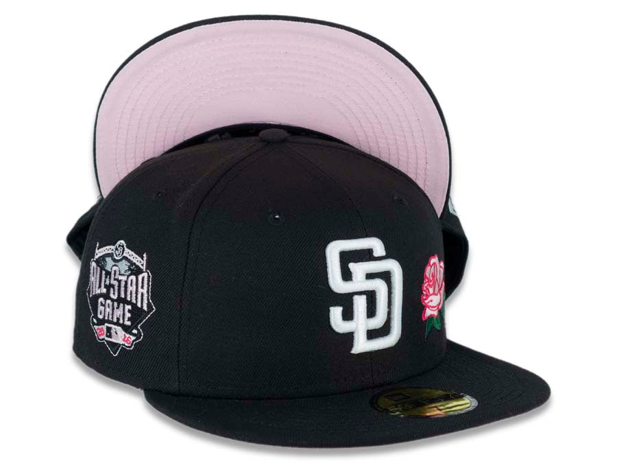 San Diego Padres New Era MLB 59FIFTY 5950 Fitted Cap Hat Black Crown/Visor White Logo With Pink Rose 2016 All-Star Game Side Patch Pink UV