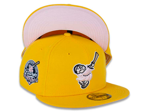 San Diego Padres New Era MLB 59FIFTY 5950 Fitted Cap Hat Yellow/Gold Crown/Visor Pink/Weat “Swinging Friar” Logo 40th Anniversary Side Patch Pink UV