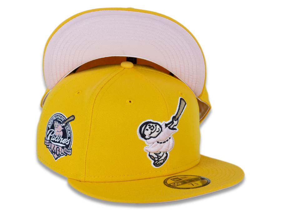 San Diego Padres New Era MLB 59FIFTY 5950 Fitted Cap Hat Yellow/Gold Crown/Visor Pink/Weat “Swinging Friar” Logo 40th Anniversary Side Patch Pink UV