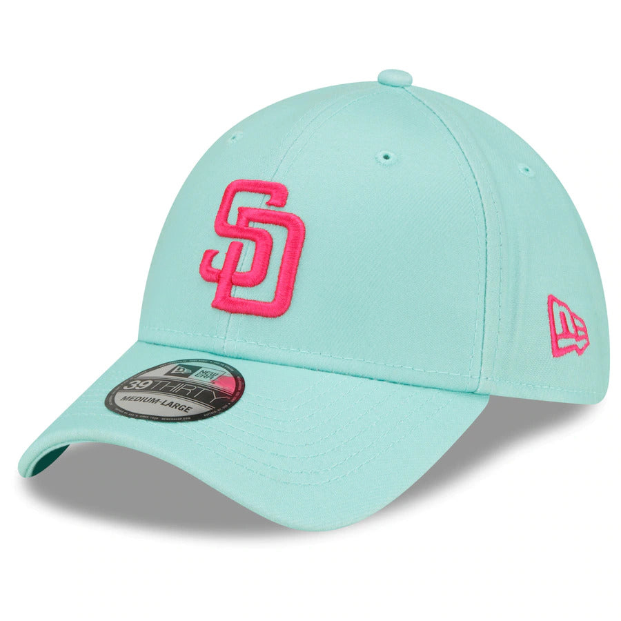 San Diego Padres New Era MLB 39THIRDY 3930 Flexfit Cap Hat Light Teal Crown/Visor Magenta Logo (2022 City Connect)