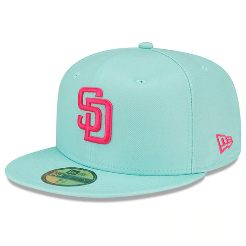 (Youth) San Diego Padres New Era MLB 59FIFTY 5950 Fitted Cap Hat Light Teal Crown/Visor Magenta Logo (2022 City Connect)