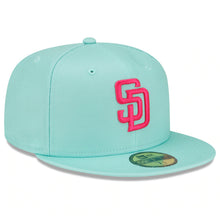 Load image into Gallery viewer, (Youth) San Diego Padres New Era MLB 59FIFTY 5950 Fitted Cap Hat Light Teal Crown/Visor Magenta Logo (2022 City Connect)

