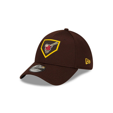 San Diego Padres New Era MLB 39THIRTY 3930 Flexfit Cap Hat Brown Crown/Visor Red/Yellow Swinging Friar Logo (2022 Clubhouse Cooperstown Collection)