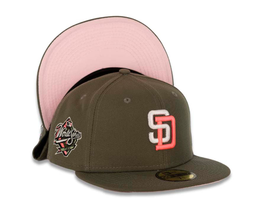 San Diego Padres New Era MLB 59FIFTY 5950 Fitted Cap Hat Olive Crown/Visor White/Pink Logo 1998 World Series Side Patch Pink UV
