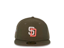 Load image into Gallery viewer, San Diego Padres New Era MLB 59FIFTY 5950 Fitted Cap Hat Olive Crown/Visor White/Pink Logo 1998 World Series Side Patch Pink UV
