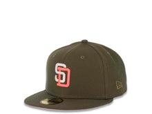 Load image into Gallery viewer, San Diego Padres New Era MLB 59FIFTY 5950 Fitted Cap Hat Olive Crown/Visor White/Pink Logo 1998 World Series Side Patch Pink UV
