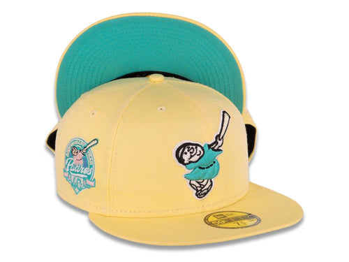 San Diego Padres New Era MLB 59FIFTY 5950 Fitted Cap Hat Light Yellow Crown/Visor Teal/White Swinging Friar Logo 40th Anniversary Side Patch Teal UV