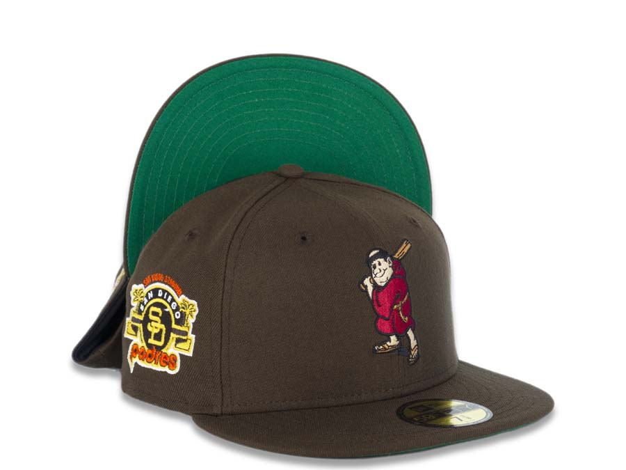 San Diego Padres New Era MLB 59FIFTY 5950 Fitted Cap Hat Brown Crown/Visor Maroon/Khaki Batting Friar Logo Stadium Side Patch Green UV