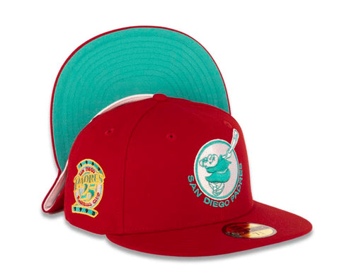 San Diego Padres New Era MLB 59FIFTY 5950 Fitted Cap Hat Red Crown/Visor Teal/White Swinging Friar Logo 25th Anniversary Side Patch Teal UV