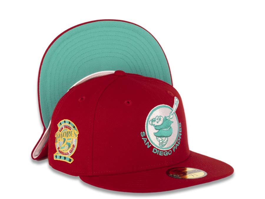 San Diego Padres New Era MLB 59FIFTY 5950 Fitted Cap Hat Red Crown/Visor Teal/White Swinging Friar Logo 25th Anniversary Side Patch Teal UV