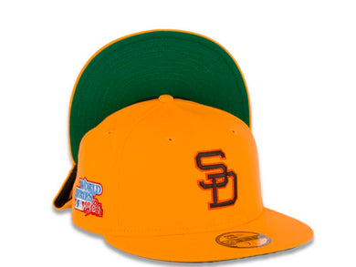 San Diego Padres New Era MLB 59FIFTY 5950 Fitted Cap Hat Yellow Crown/Visor Brown/Orange Logo 1984 World Series Side Patch Green UV