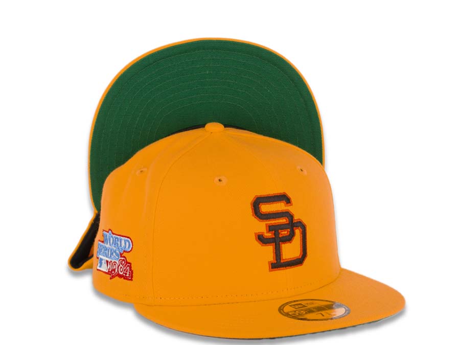 San Diego Padres New Era MLB 59FIFTY 5950 Fitted Cap Hat Yellow Crown/Visor Brown/Orange Logo 1984 World Series Side Patch Green UV