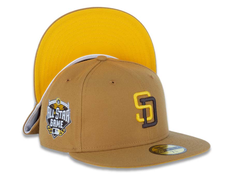 San Diego Padres New Era MLB 59FIFTY 5950 Fitted Cap Hat Panama Tan Crown/Visor Yellow/Brown Logo 2016 All-Star Game Side Patch Yellow UV