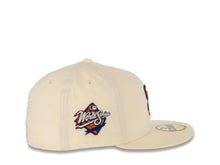 Load image into Gallery viewer, San Diego Padres New Era MLB 59FIFTY 5950 Fitted Cap Hat Chrome White Crown/Visor Navy/Orange Logo 1998 World Series Side Patch Orange UV
